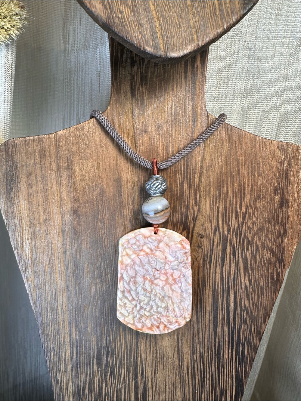 Coral Fossil Tiger Pendant Necklace on Light Brown Adjustable Rope - Picture 9 of 16